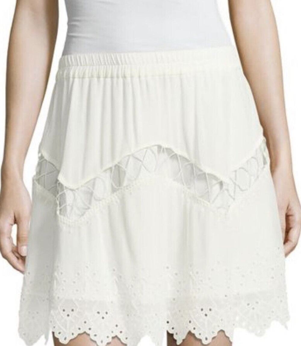 IRO $440 Flynn Short White Skirt Size 36 Flowy Elastic Waist Scalloped Hem Fairy